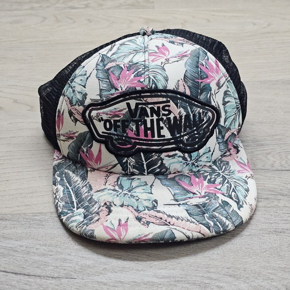Vans Off The Wall Snap Back Hat Adult OS White Pink Floral Trucker